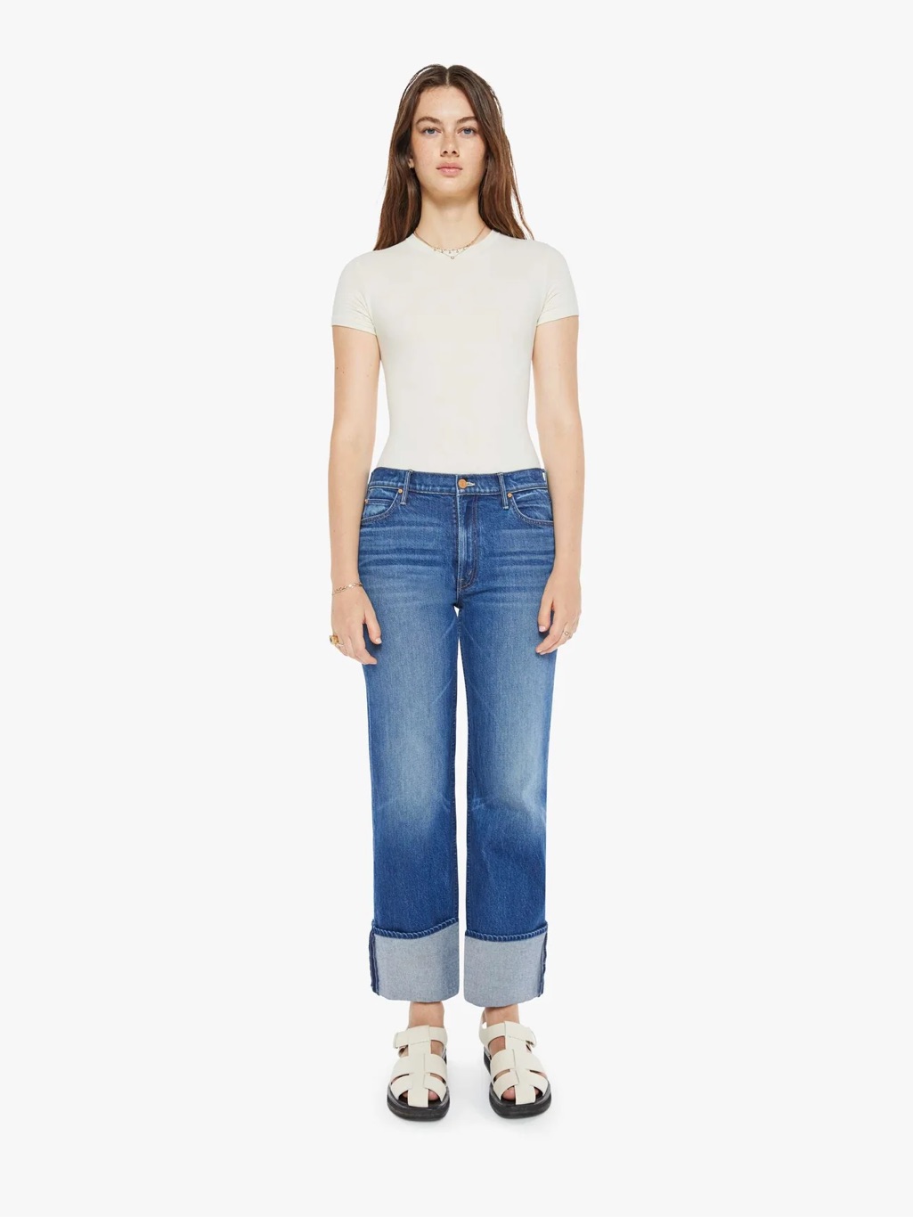 Mother Blue Boyfriend Jeans With Wide Cuff
